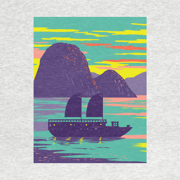 Ha Long Bay or Halong Bay with Junk Boat Vietnam WPA Art Deco Poster by patrimonio